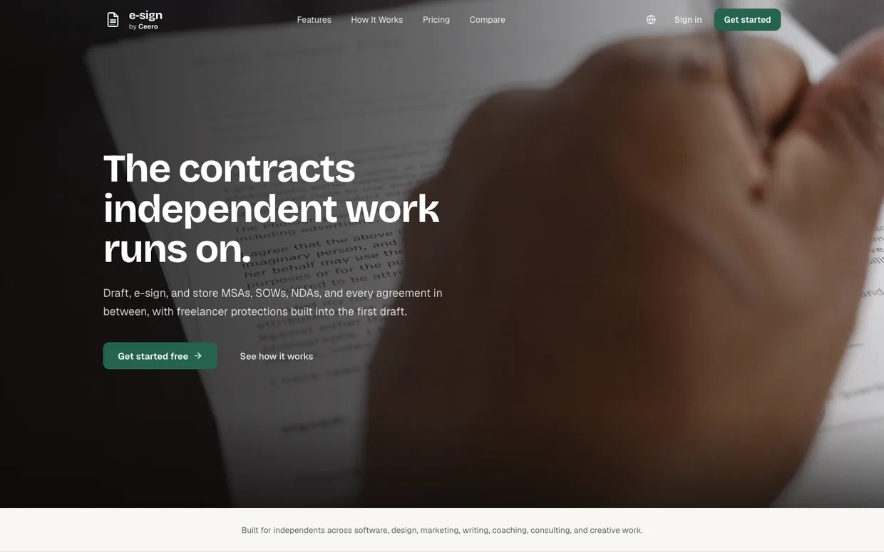 e-sign by Ceero website hero: the headline “The contracts independent work runs on.” over a close-up photo of a hand signing a paper contract.