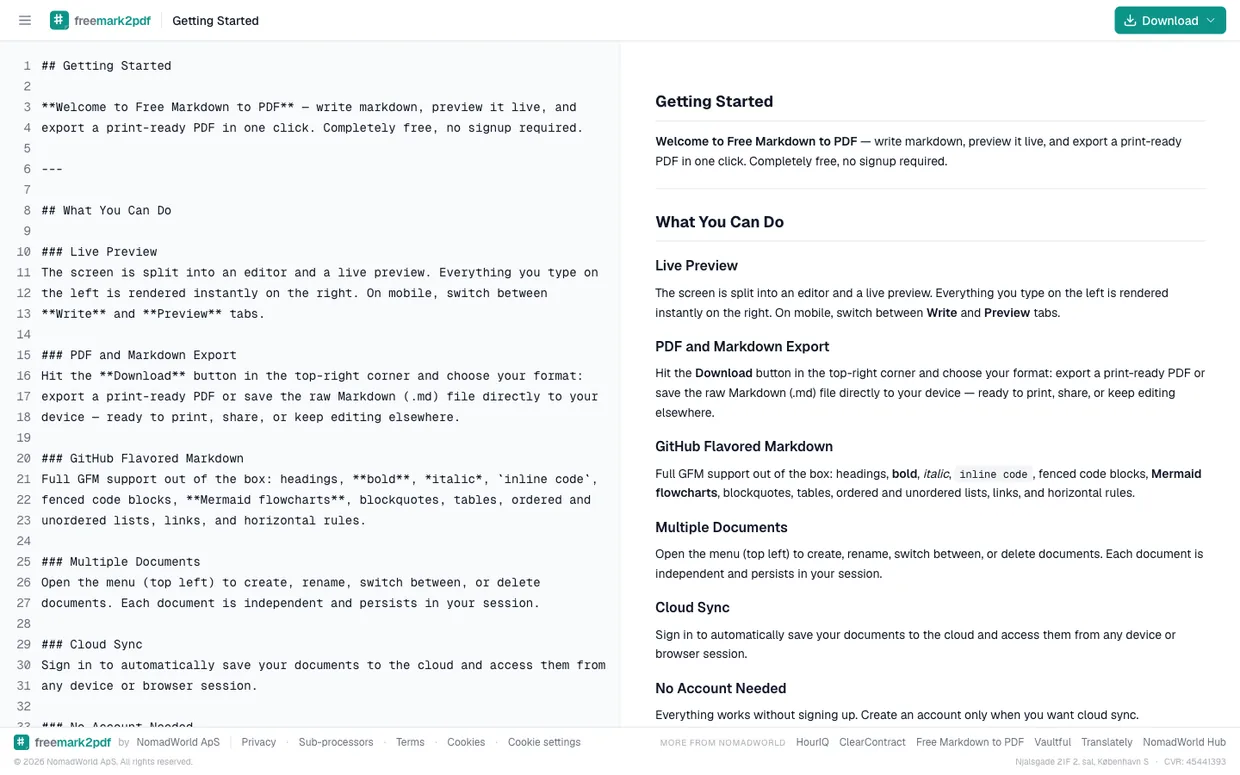 Free Markdown to PDF website: a split-pane editor showing a “Getting Started” markdown document on the left and its live-rendered preview on the right.