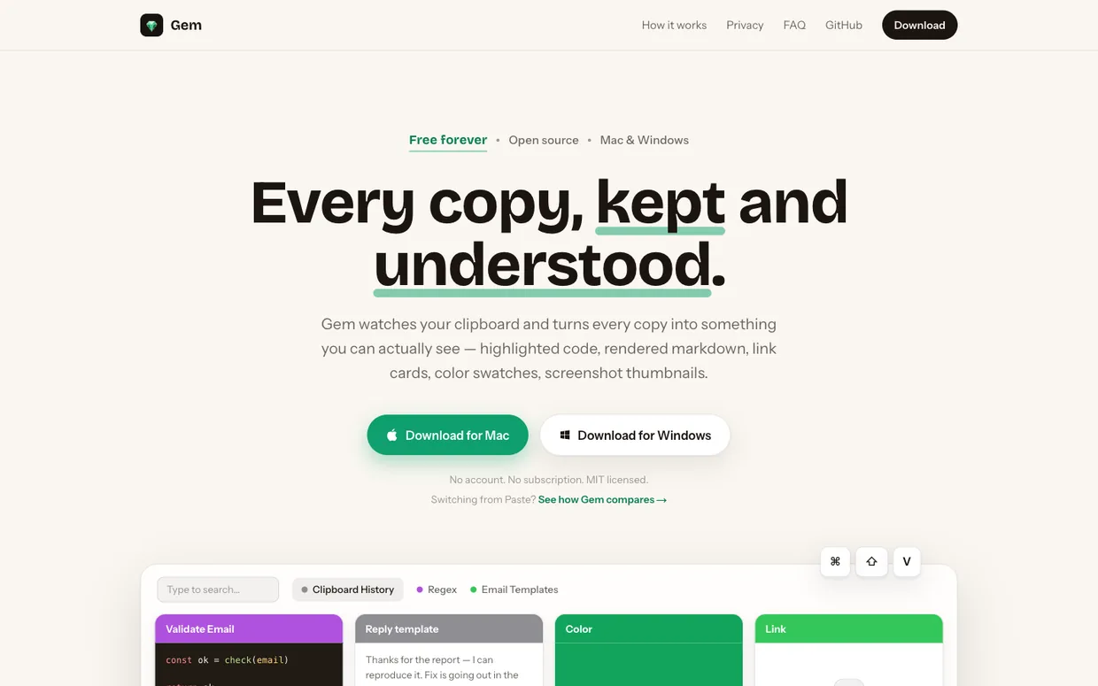 Gem website hero: the headline “Every copy, kept and understood.” above a screenshot of the clipboard history panel showing validated email code, a reply template, a color swatch, and a link card.
